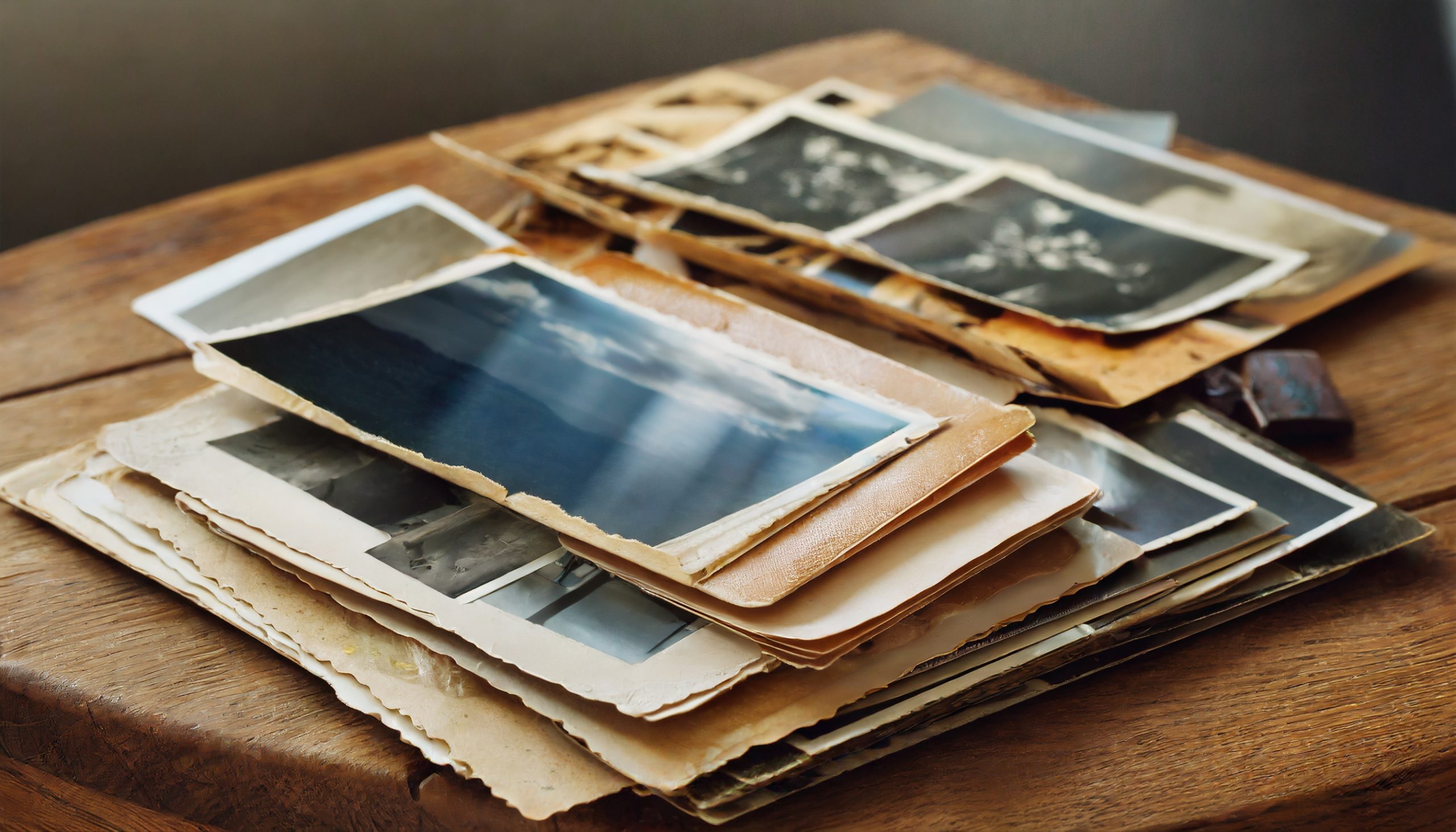 two piles of old photographs on a wooden table top. Genealogy Research.