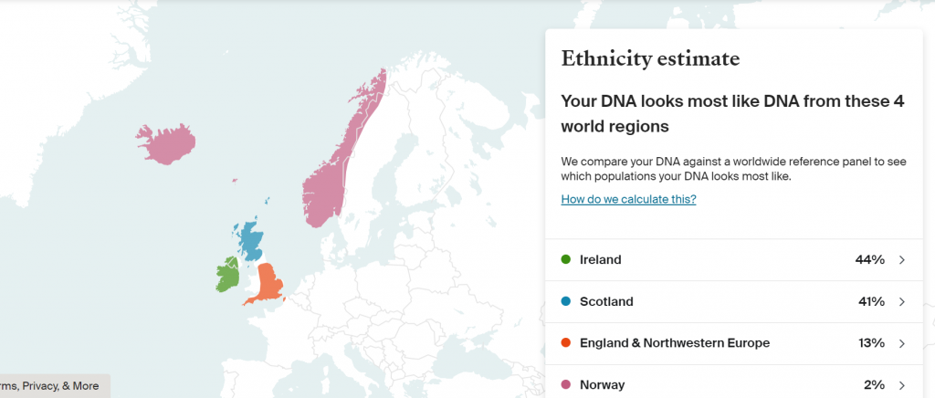 A map showing regional DNA breakdown with colours for different regions. Text saying: Your DNA looks most like DNA from these four world regions - Ireland 44%, Scotland 41%, England & Northwest Europe 13%, Norway 2%.